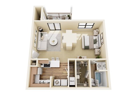 Floor plan for 1 bed, 1 bath, 707 sqft